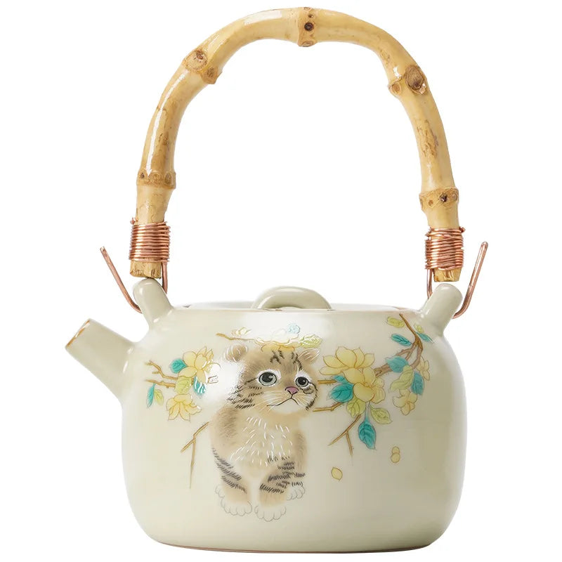 Axya Cat Doodle Teapot Kettle Set, Vintage Chinese Porcelain Tea Pot