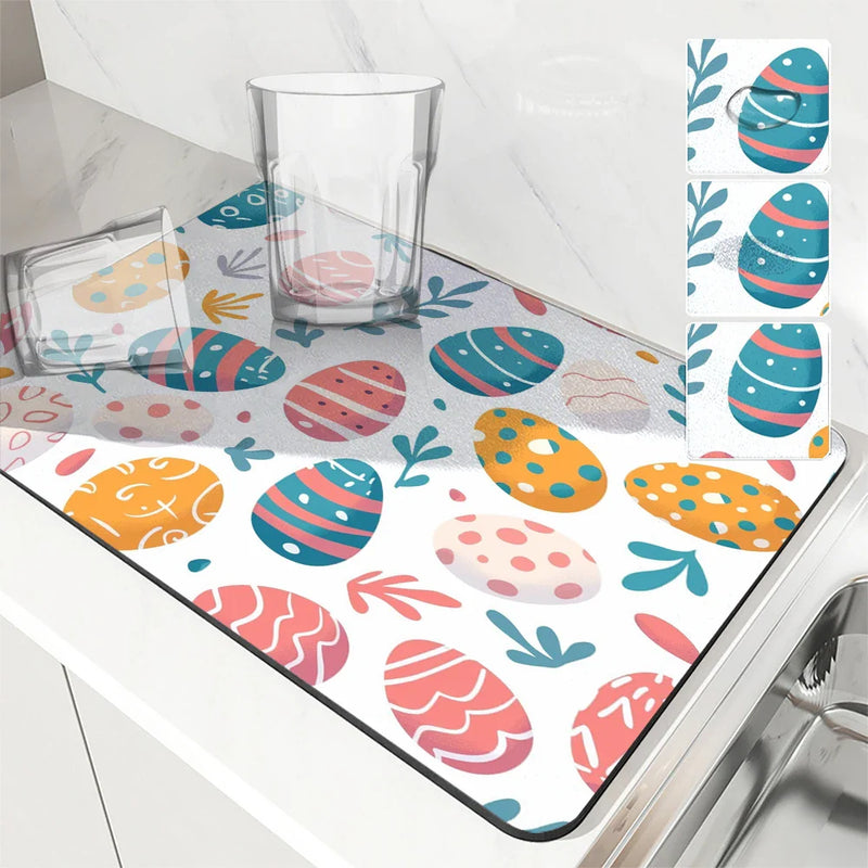 Axyaa Easter Egg Plants Absorbent Rubber Backed Drying Mat for Kitchen & Bathroom