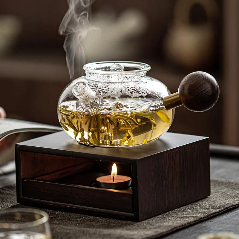 Axya Glass Boiling Teapot with Thickened Filter for Brewing Tea and Walnut Warmer