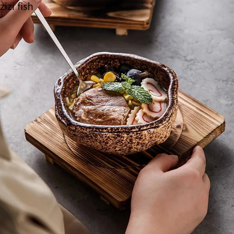Axya Stone Pattern Ceramic Soup Bowl Set - Unique Irregular Design for Desserts, Snacks, Sushi