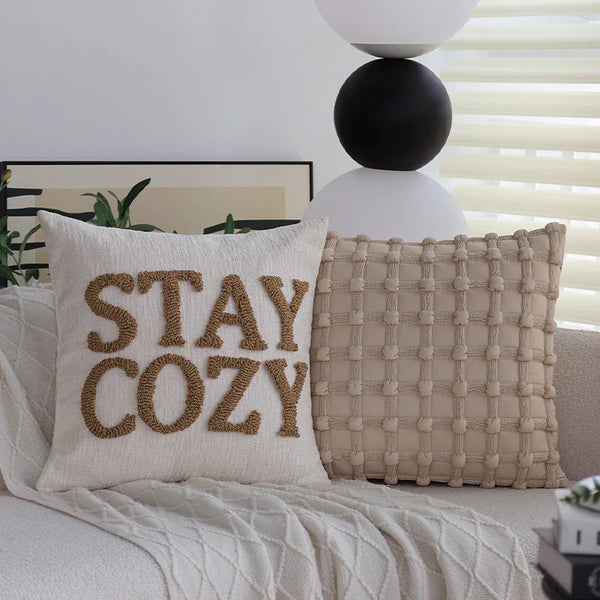Chenille Embroidered Cushion Cover 18"x18" for Living Room Sofa, Axyaa Beige Pillowcase
