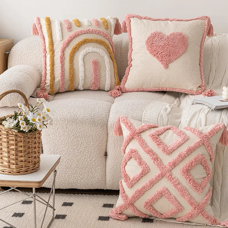 Axyaa Pink Cotton Tufted Pillow Cover with Tassels - Chic Boho Style