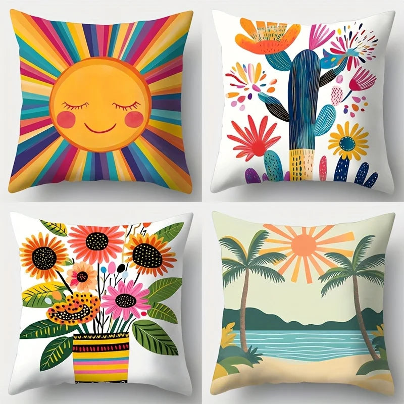 Axyaa Cartoon Sun & Cactus Pillow Case Set, Home Sofa Decoration, 45x45cm