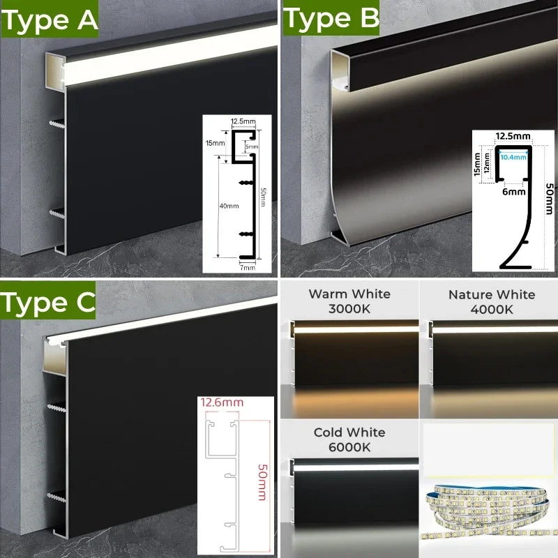 Axyaa 5cm LED Aluminium Profile Baseboard for Linear Lamp Wall Skirting Channel