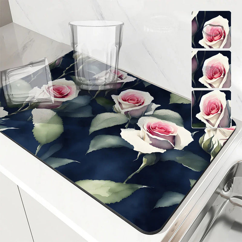 Axyaa Rose Flower Absorbent Kitchen Mat - Antiskid Draining Coffee Drying Pad