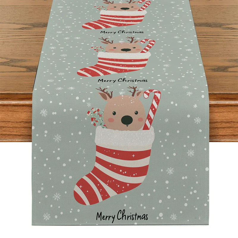 Axyaa Christmas Deer Socks & Holly Berries Table Runner - Home & Wedding Centerpieces