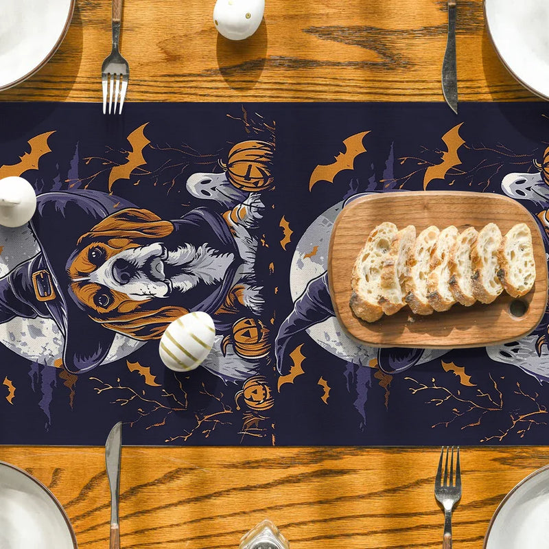 Axyaa Halloween Dog Bat Wizard Hat Table Runner for Kitchen Dining Party Decor