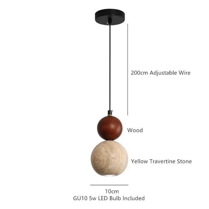 Axyaa Yellow Travertine Wood Pendant Light, LED Hanging Lamp for Dinging Living Room