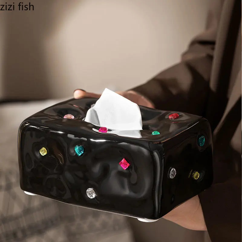 Gemstone-Set Ceramic Tissue Box & Cartoon Crystal Toilet Paper Holder by Axya for Desktop Organization