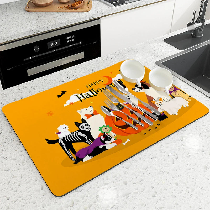 Axyaa Halloween Kitchen Draining Mat: Absorbent & Antiskid.