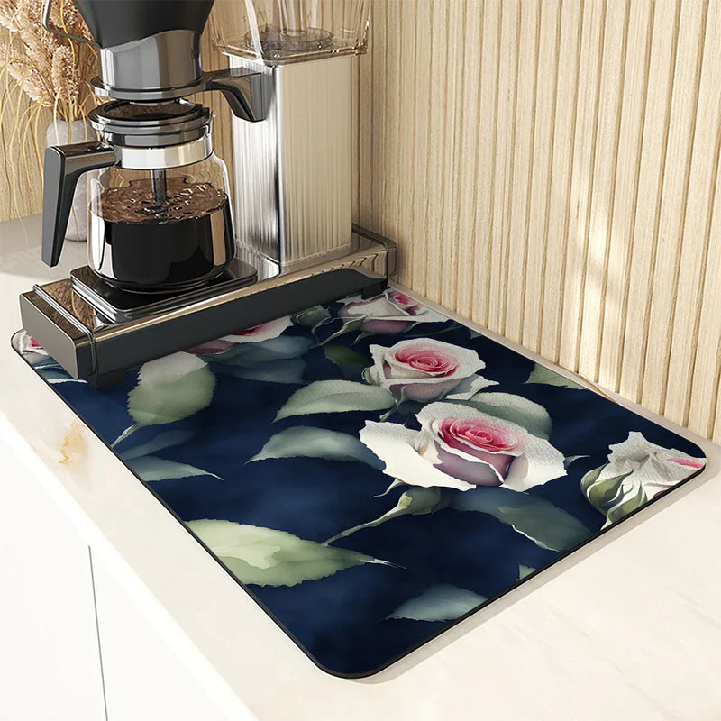 Axyaa Rose Flower Absorbent Kitchen Mat - Antiskid Draining Coffee Drying Pad