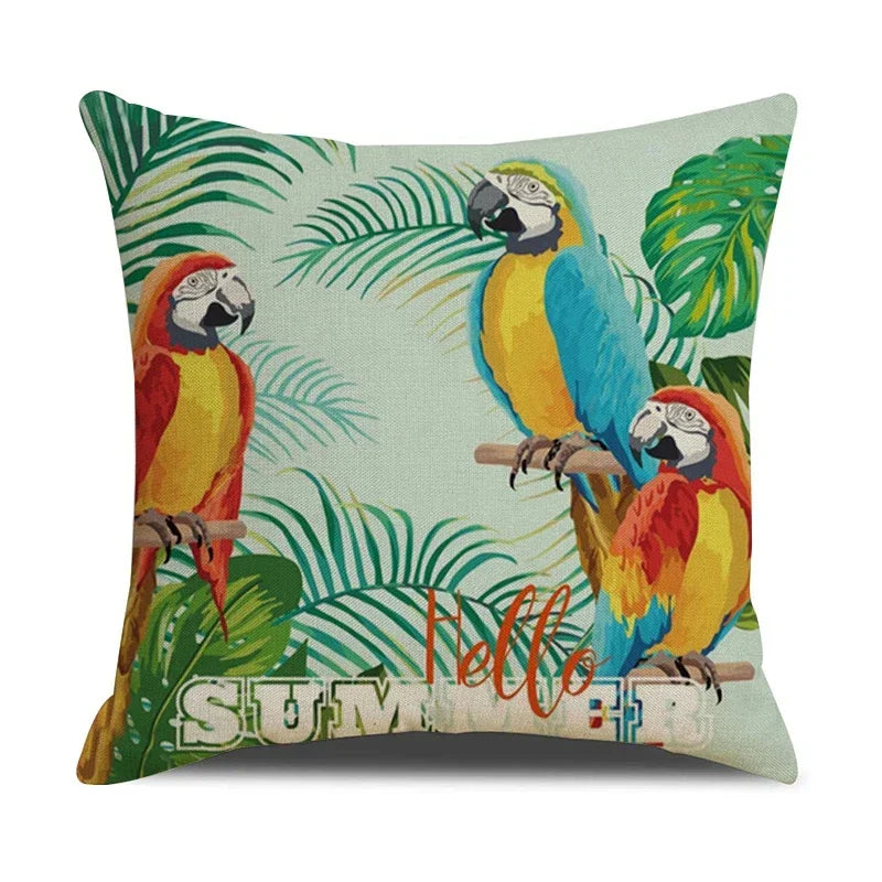 Tropical Birds Linen Pillowcase Set for Decorative Throw Cushions by Axyaa