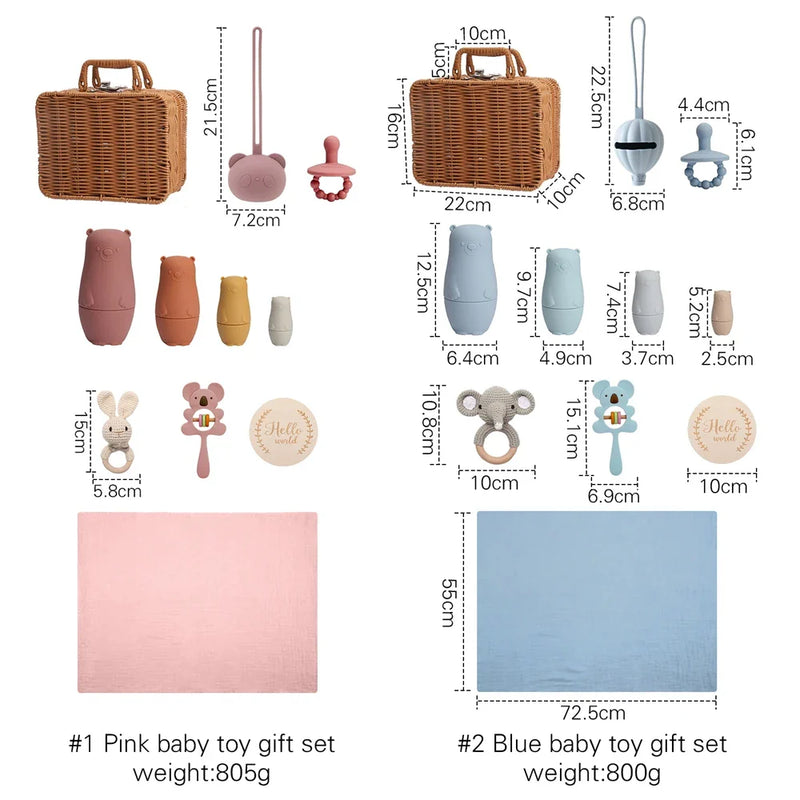 Axya Baby Montessori Set: Towel, Blanket, Bath Toys, Silicone Teether, Rattle - Newborn Gift