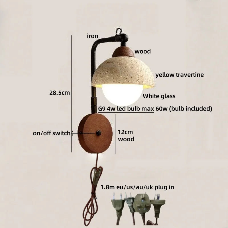 Axyaa Wabi Sabi LED Wall Lamp Sconce Black Iron Arm Yellow Travertine Stair Light
