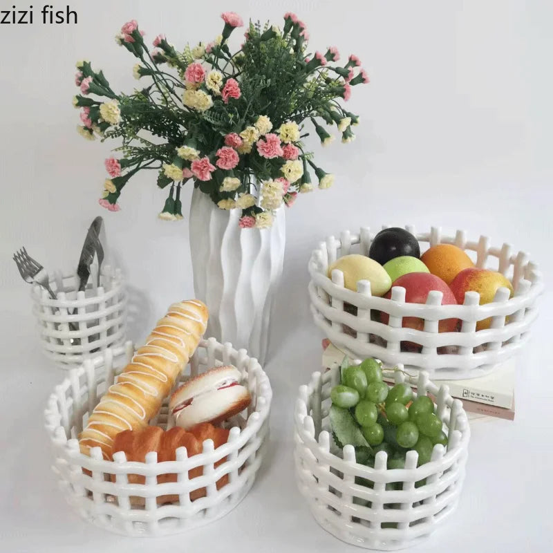 Hand-woven Ceramic Basket Set by Axya: Tray, Plate, Box, Jar, Tube & Storage Basket