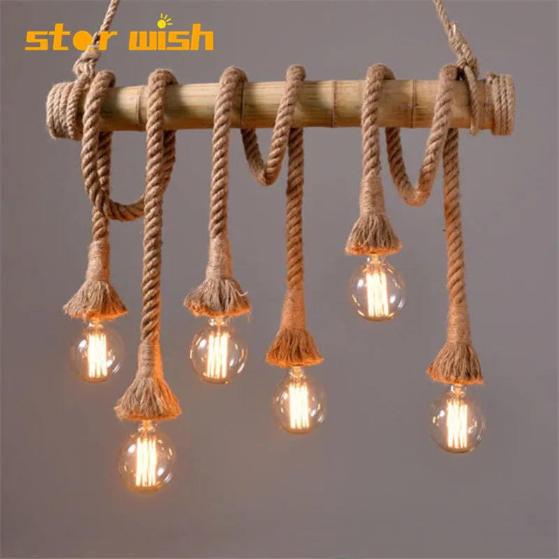 Axyaa Bamboo Hemp Rope Pendant Light for Creative Restaurant and Bar Decor