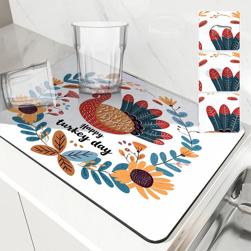Axyaa Thanksgiving Drying Mat - Non-slip Kitchen Drain Pad and Heat Resistant Counter Mat
