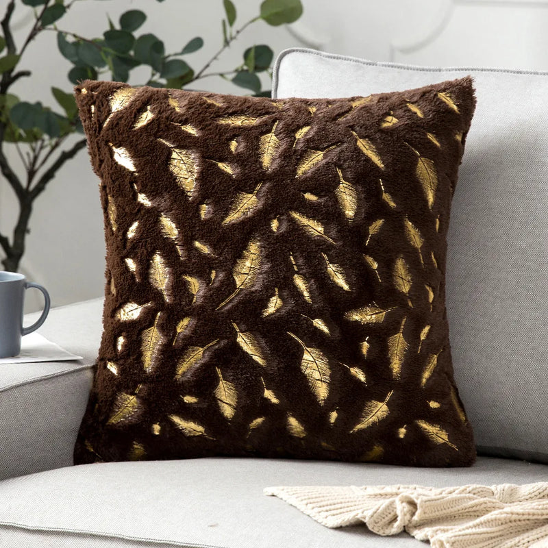 Axyaa Bronzing Golden Feather Style Plush Pillowcase for Festive Home Decor