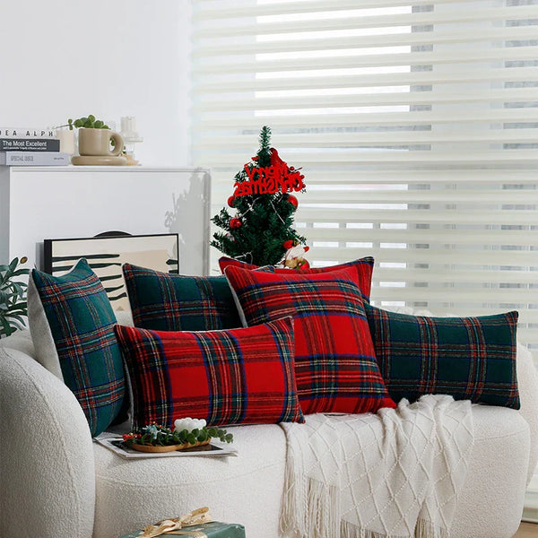 Axyaa Christmas Plaid Cushion Cover 45x45cm - Retro Red/Green Sofa Pillowcase