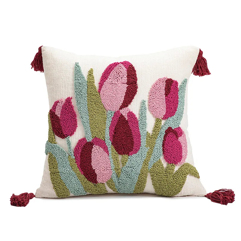 Axyaa Tufted Tulip Plant Leaves Chenille Tassel Cushion Cover for Home Decoration