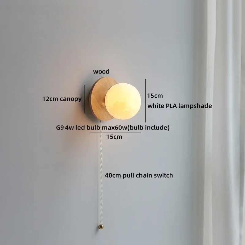 Axyaa Nordic LED Walnut Wood Glass Ball Wall Sconce with Pull Chain Switch