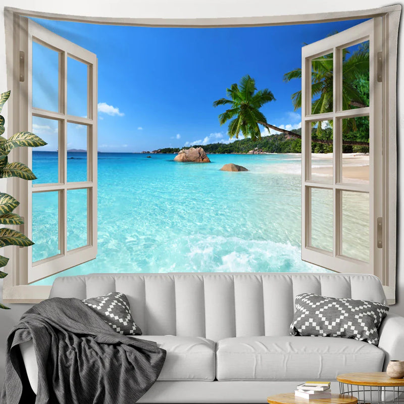 Axyaa Beach Sun Forest Painting Tapestry Wall Hanging for Boho Home Decor