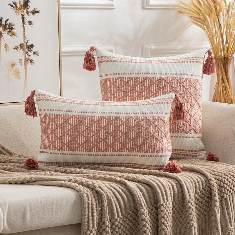 Axyaa Boho Diamond Jacquard Cushion Cover with Tassels for Home Decor