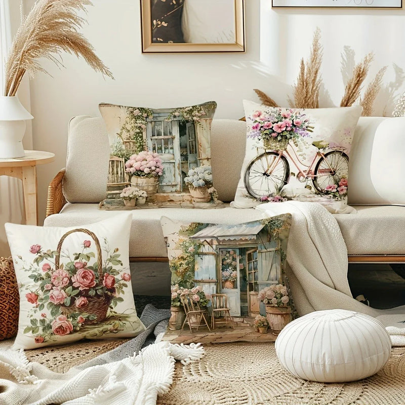 Axyaa Country Flower Bicycle Pattern Pillowcase for Home Room Decoration