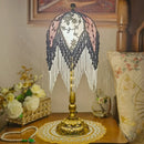 Axyaa Tassel French Floor Lamp Retro Green Patterned Fabric Lampshade Princess Bedroom