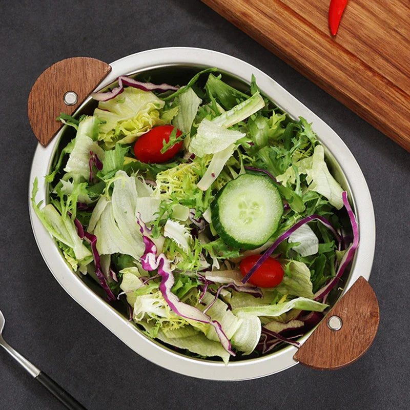 Axyaa Stainless Steel Salad Bowl with Wooden Handle for Children, Outdoor Picnic Tableware