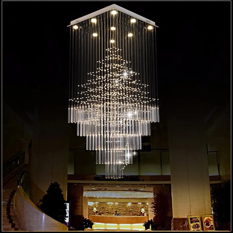 Axyaa Crystal Column Chandelier: Modern Square Base Hanging Lamp for Living Room, Stairs, Loft