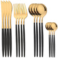 Axyaa 16-Piece Stainless Steel Black Gold Cutlery Set Silverware Dinnerware Flatware