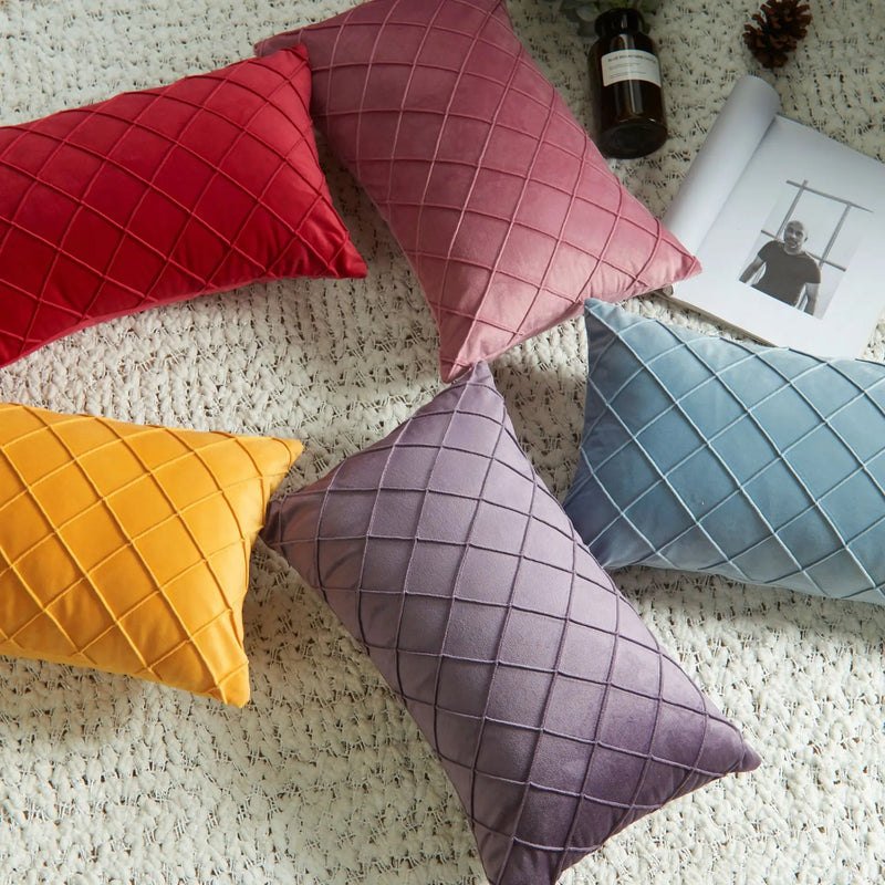Axyaa Velvet Diamond Check Pattern Throw Pillowcase for Stylish Home Decor