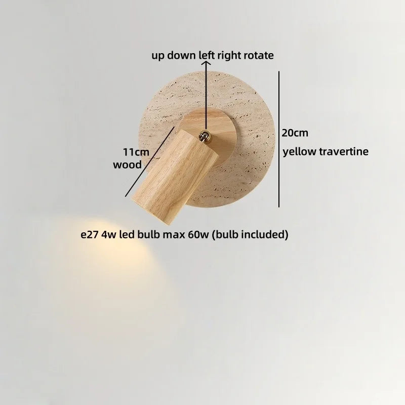 Axyaa Wabi Sabi LED Wall Lamp Yellow Travertine Wood Lampshade, Bathroom Mirror Light