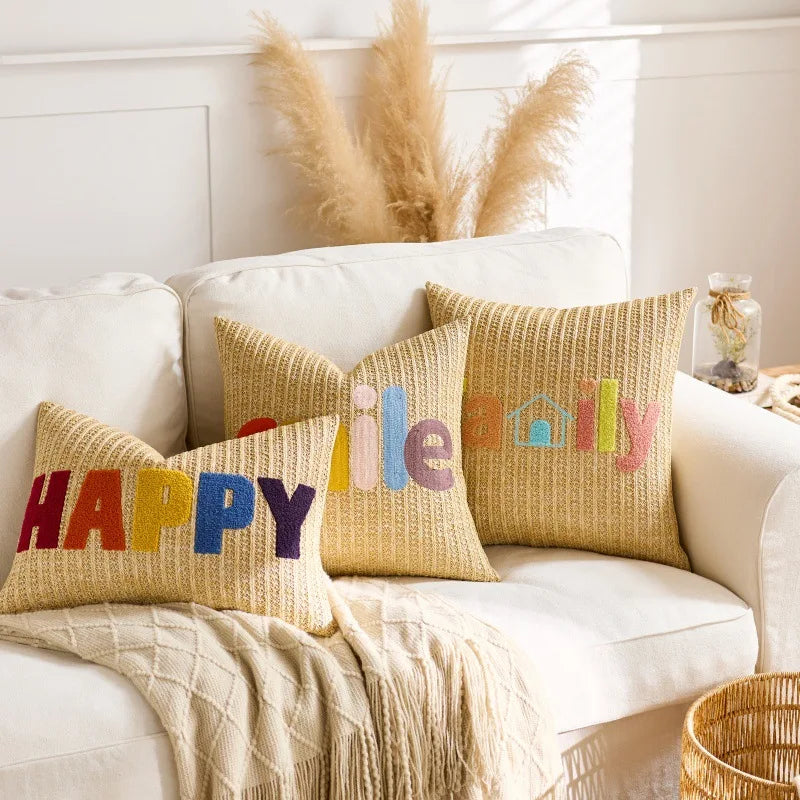 Embroidered Happy Home Pillow Cover by Axyaa for Living Room & Bedroom