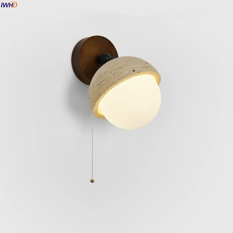 Axyaa White Glass LED Wall Lamps Pull Chain Yellow Travertine Modern Nordic Light