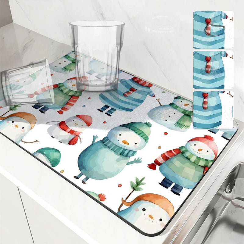 Axyaa Snowman Kitchen Counter Mat Non-slip Absorbent Tableware Drain Mat