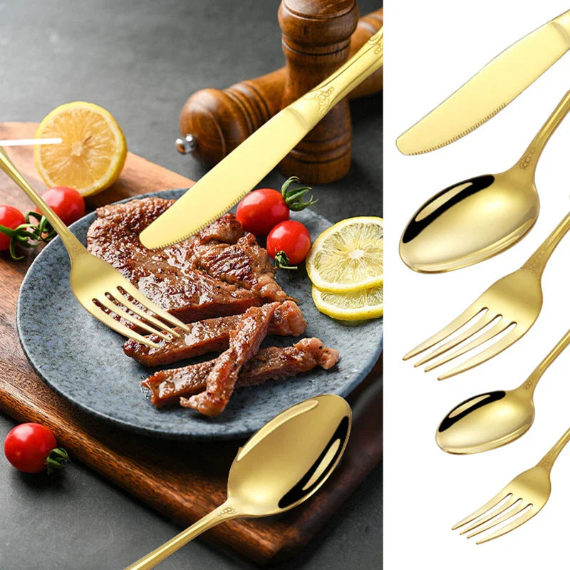 Axyaa Gold Embossed Stainless Steel Tableware Set, Steak Knife, Fork, Spoon, Dessert Fork