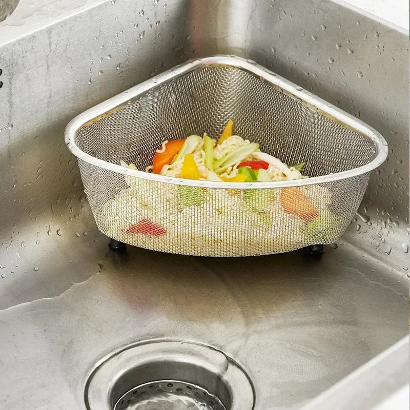 Axyaa Stainless Steel Triangle Sink Basket Residue Filter Net Veggie Wash Shelf