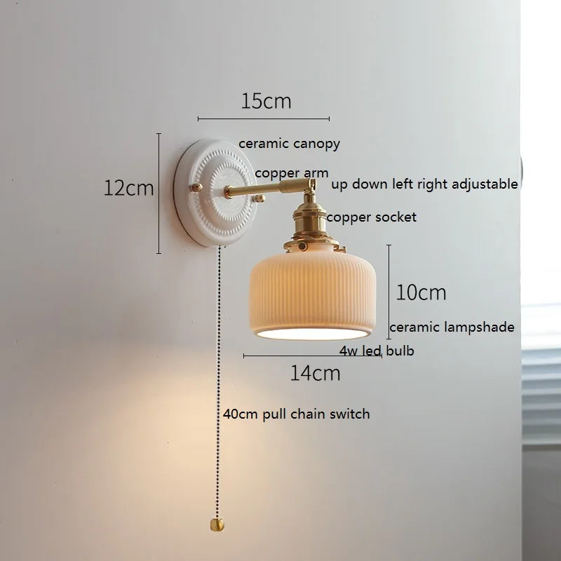 Axyaa Ceramic LED Wall Sconce with Adjustable Copper Arm - Pull Chain Switch