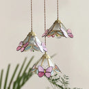 Axyaa Gold Brass LED Pendant Light with Pink Glass Butterfly Design