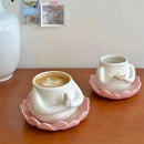 Axyaa Lotus Ceramic Coffee Cup and Saucer Set, White Floral Design Mug and Plate