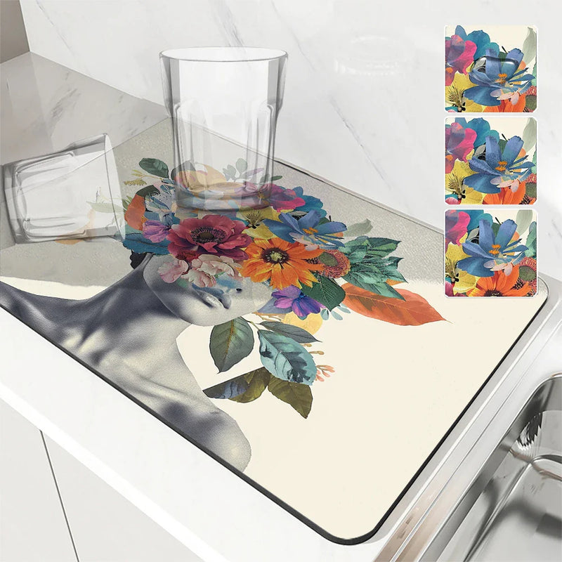 Axyaa Floral Drying Mat: Non-Slip Absorbent Placemat for Kitchen Counters & Tables