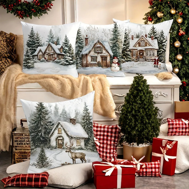 Axyaa Winter Snow Hut Pillow Cover, Festive Christmas Sofa Cushion Home Decor