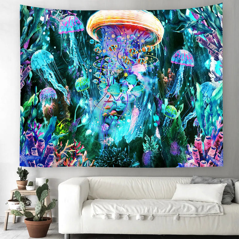 Axyaa Psychedelic Mushroom Jellyfish Skull Tapestry for Home Decor