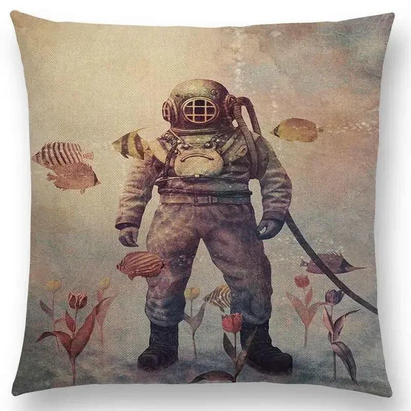 Cute Ghost Sailboat Whale Diver Cushion Cover by Axyaa