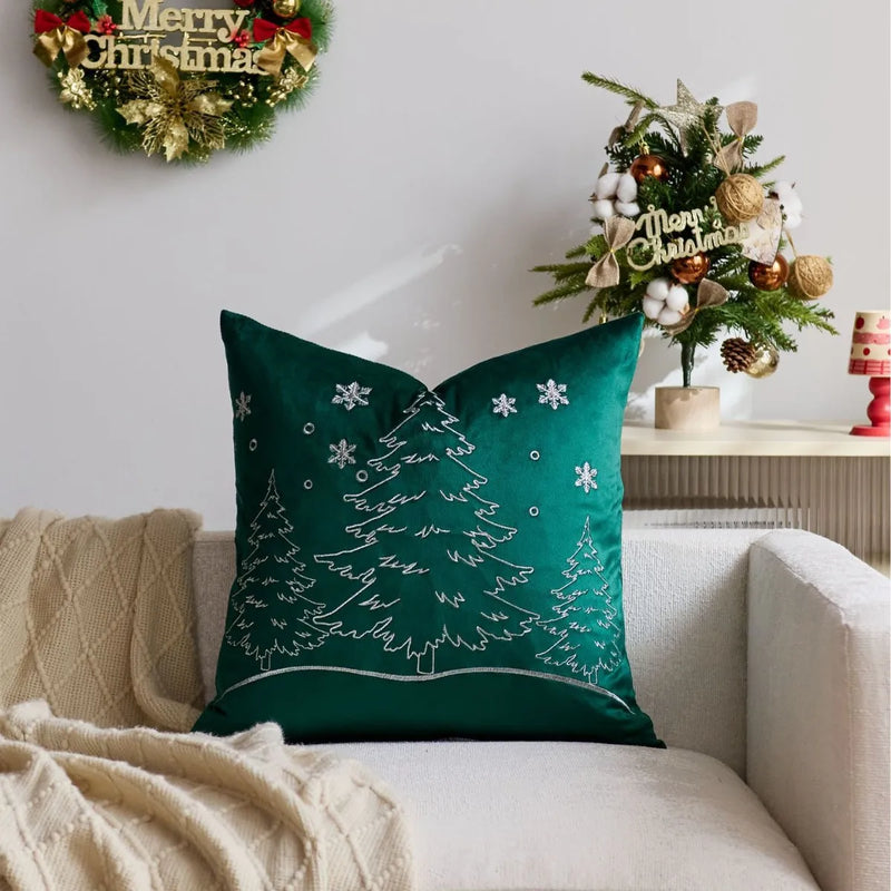 Axyaa Christmas Tree Pillow Cover - Silver Gold Snowflake Velvet - Home Decoration - 45x45cm