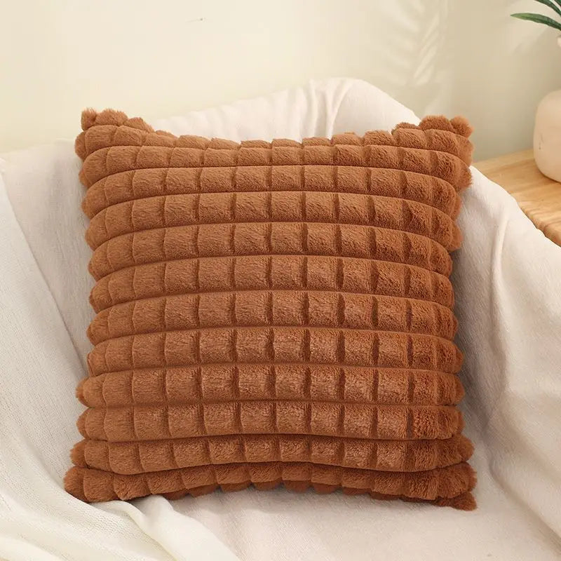 Axyaa Faux Rabbit Fur Plaid Throw Pillow Covers Soft Fluffy Home Decor Case