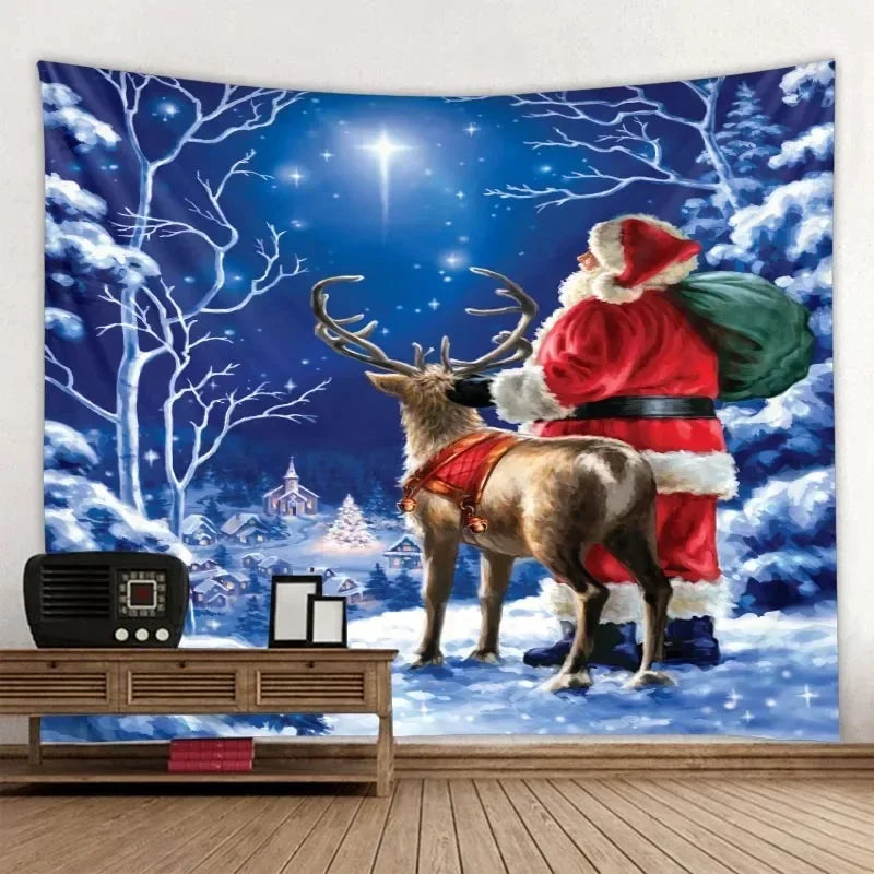 Axyaa Christmas Party Decoration Background Cloth Santa Claus Christmas Tree Stove Tapestry
