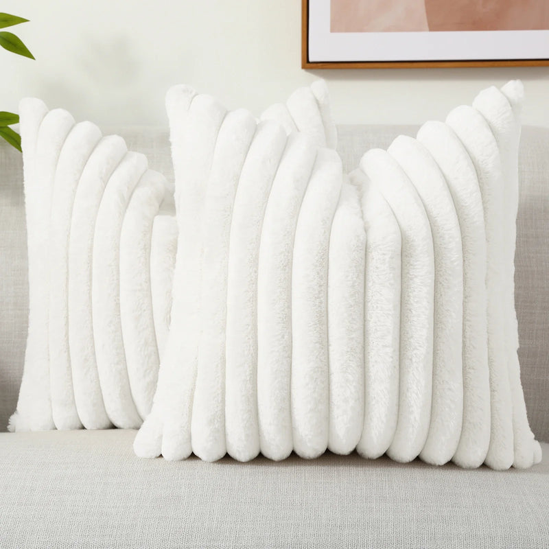 Axyaa 16x16 Faux Fur Striped Pillow Covers 2pcs - Soft Plush Velvet Back